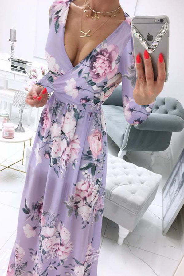 Women's Long-Sleeved V-neck Chiffon Printed Bohemian Dress