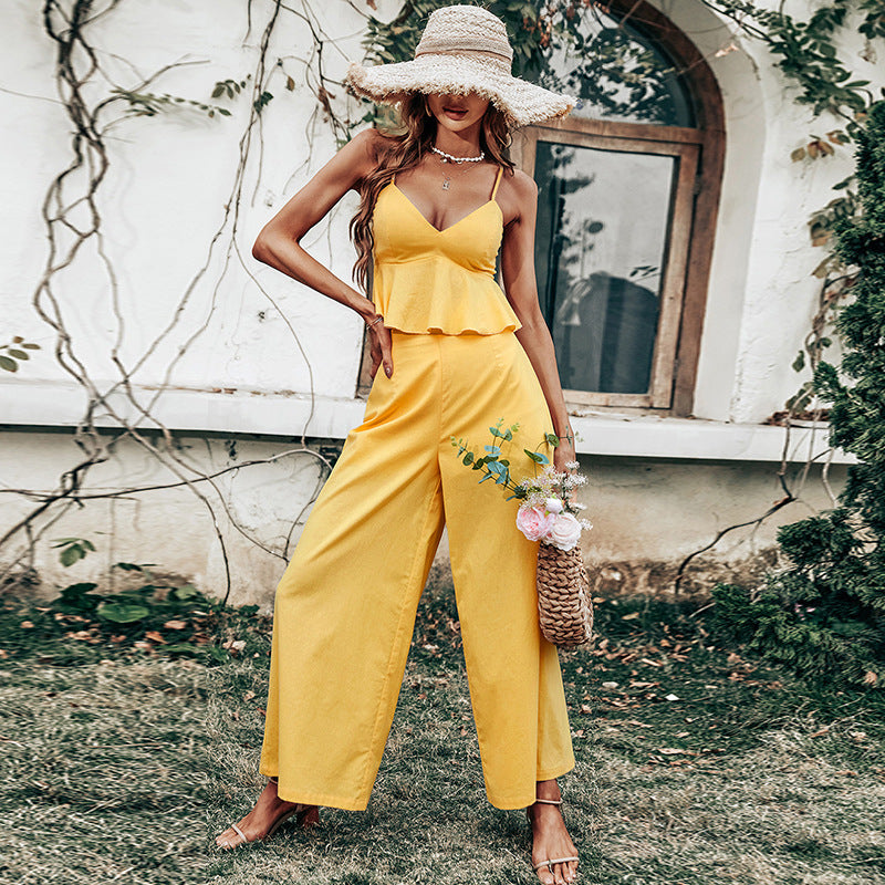 Yellow Vest Top Backless Sexy Sling Casual One-Piece Trousers Two-Piece Suit