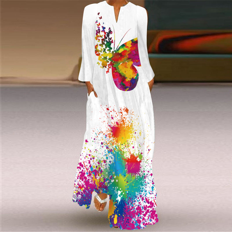 Women's Vintage Butterfly Print Long Dress V-neck Long Sleeve Pocket Summer Dress