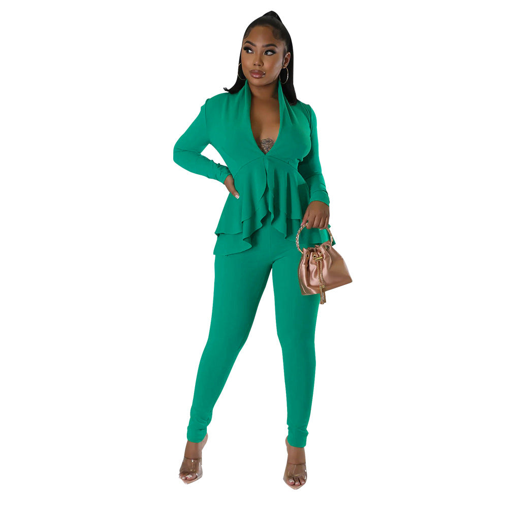 Autumn Ruffled Deep V-neck Long Sleeve Pencil Pants Suit New