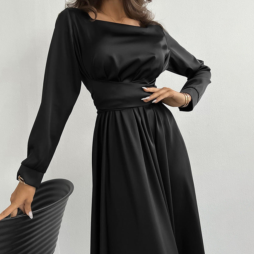 Hepburn Style Little Black Dress Temperament Square Collar Dress Women's Satin Fitted Waist Bowknot Lace-up Dress