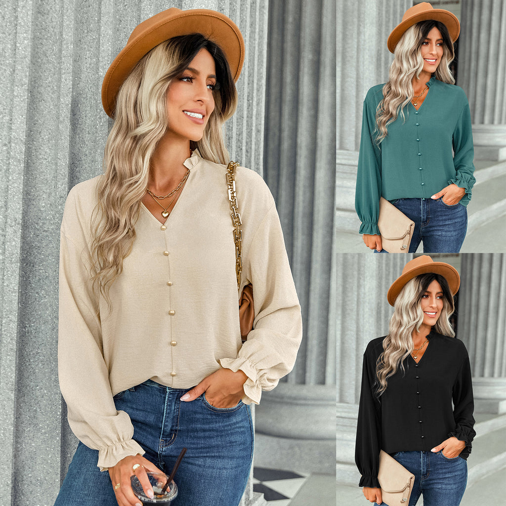 2022 autumn and winter new V-neck tops women's European and American women's fashion buttons decorative solid color shirts