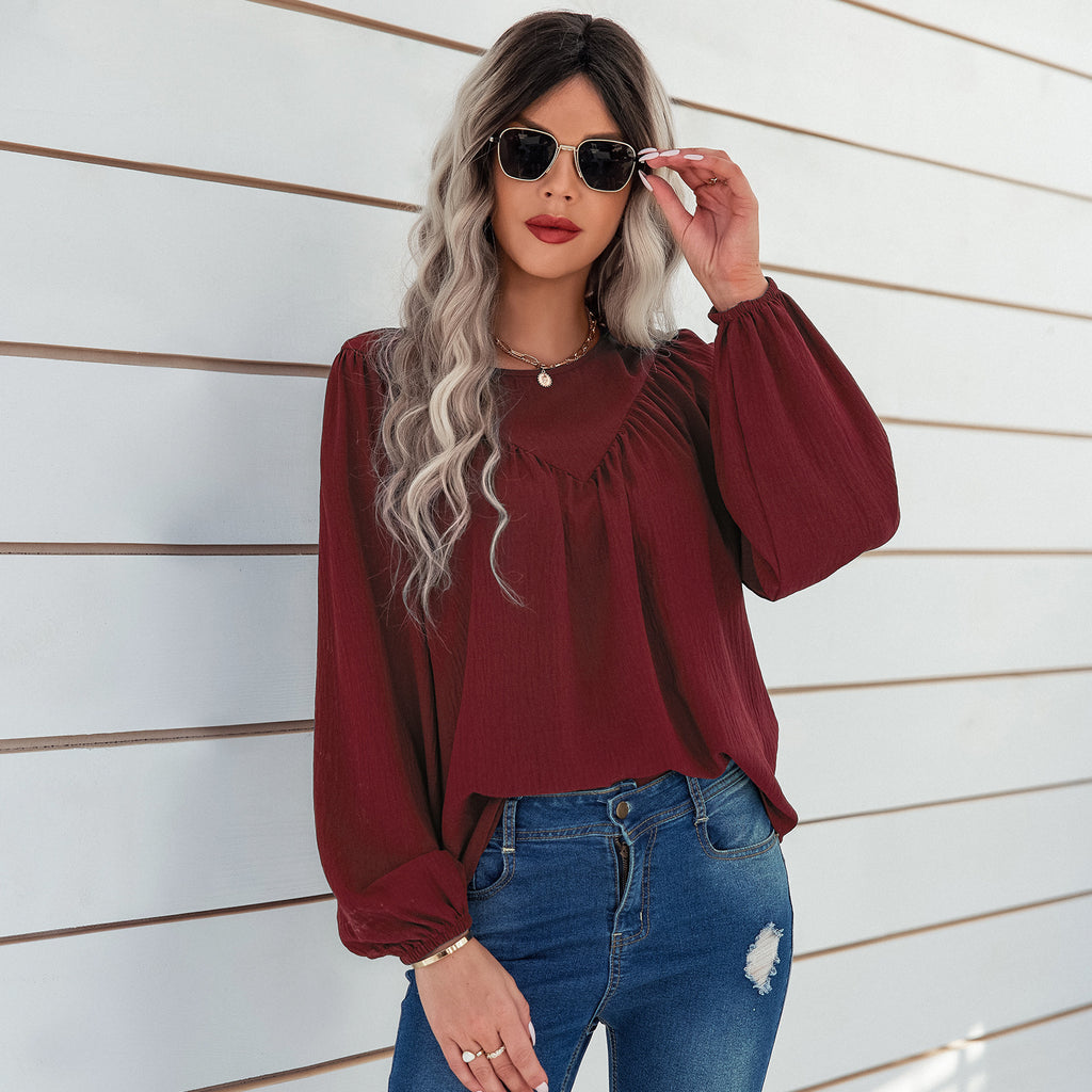 2022 early autumn new tops women's cross-border European and American women's clothing solid color round neck pullover shirt loose shirt