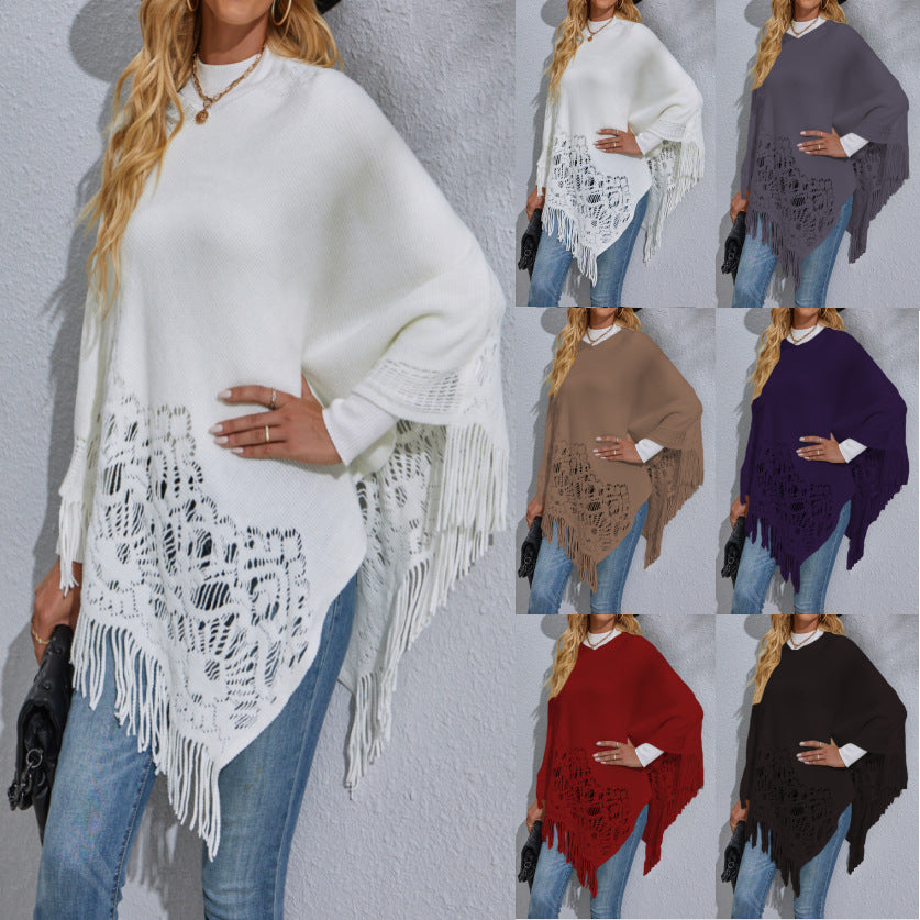 Autumn and Winter New Mid-Length Lace Tassel Shawl Sweater for Women