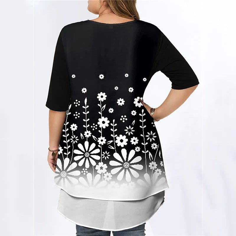 Large Size Chiffon Shirt Fake Two-Piece Printed Top Loose Shirt