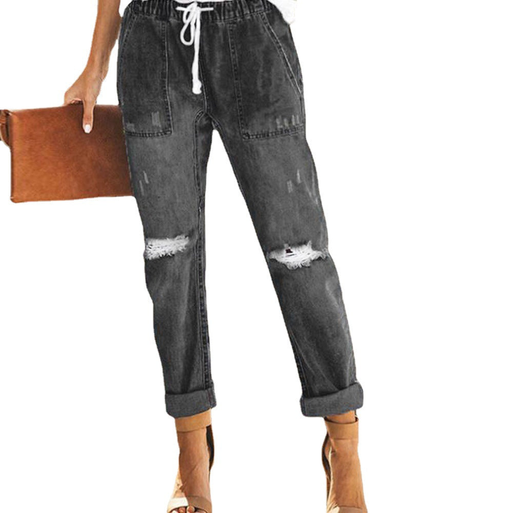 Drawstring Elastic Waist Ripped Denim Pants Casual Pants for Women