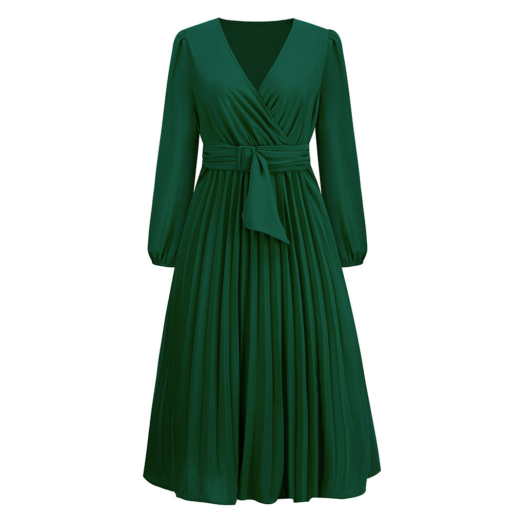 Women's New Long Sleeve Slim-Fit Pleated Belt V-neck Dress A- line Skirt