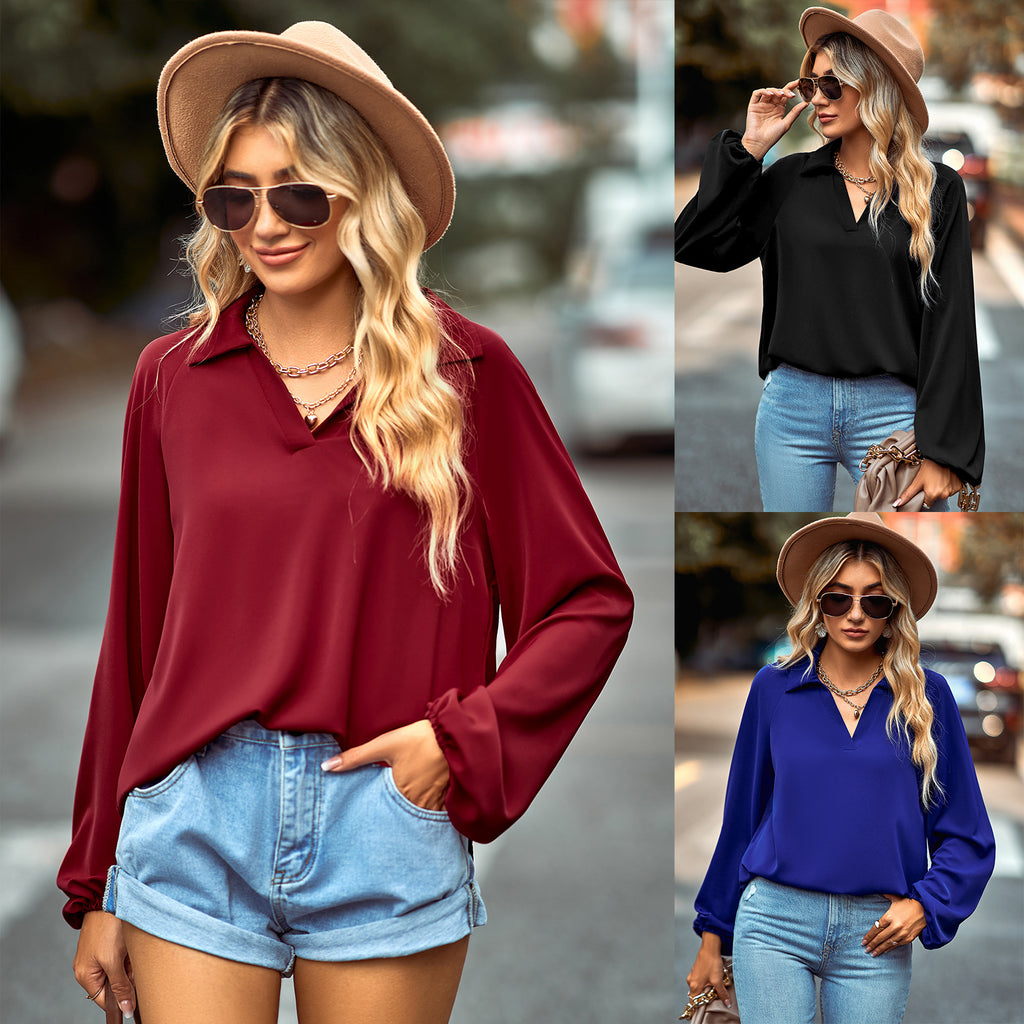 2022 New Shirt Women's European and American Solid Color and V-neck Shirt Design Sense Niche High-End Shirt Fashion