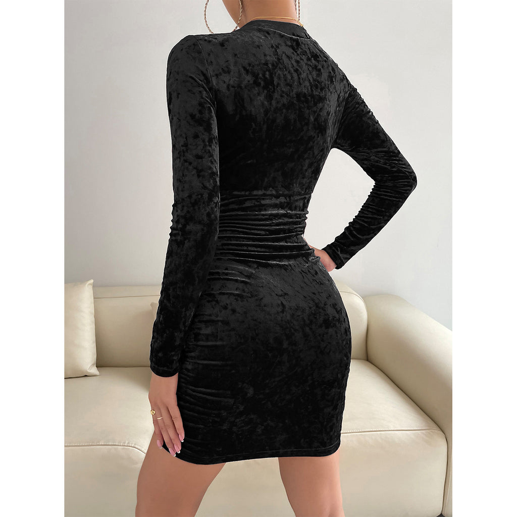 2022 Autumn and Winter New Velvet Dress European and American Women's Clothing V-neck Sexy Slim Hip Dress