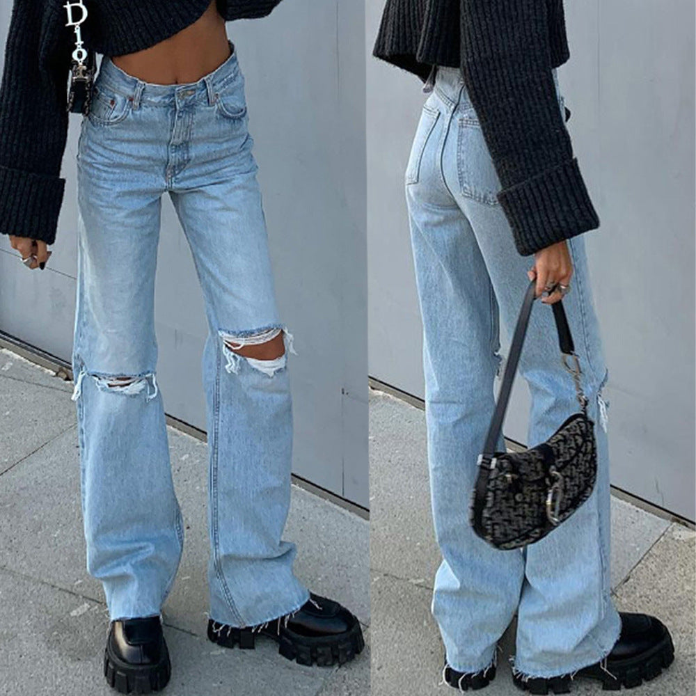 Denim Wide Leg Trousers Ripped Skinny Jeans