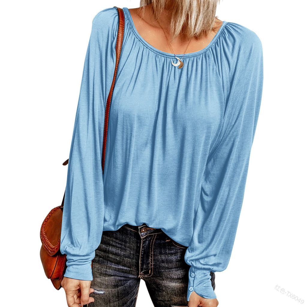 Bestseller Solid Color Crew Neck Casual Pleated Long-Sleeved Top