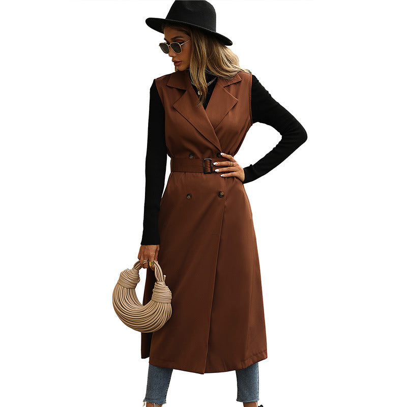 Fashion Polo Collar Sleeveless Solid Color Trench Coat Coat