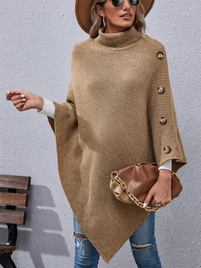 Button Turtleneck Irregular Sweater Shawl Cape Women