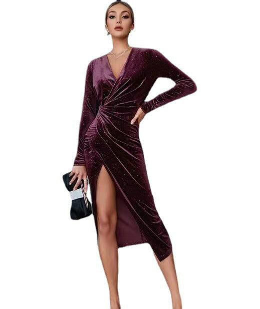 Evening Dress Sexy Leg-Exposed Long Sleeve Mid-Length Dress Gold Velvet Nightclub Dress