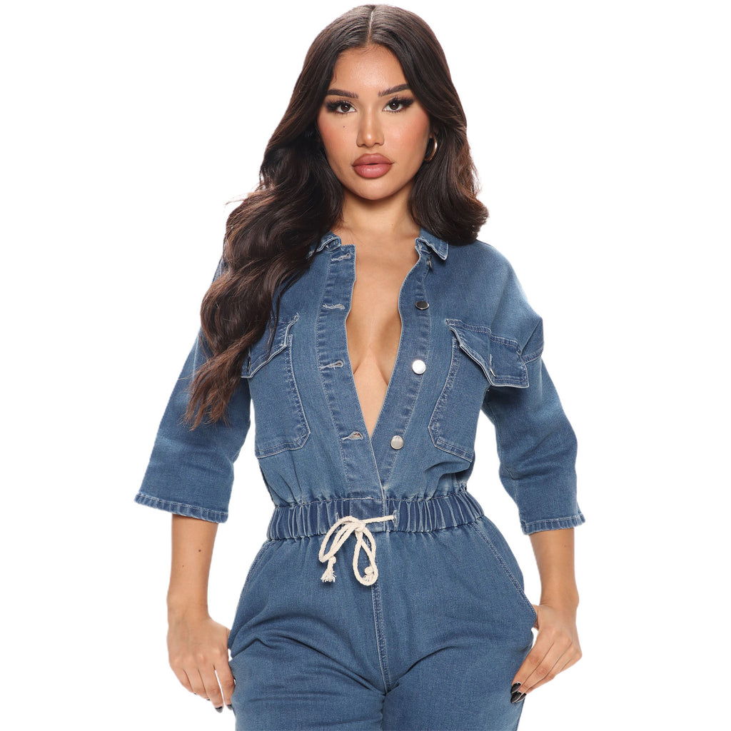 Denim Jumpsuit Europe and America Cross Border Hot Selling Slim Waist Washed Three-Quarter Sleeve Jumpsuit