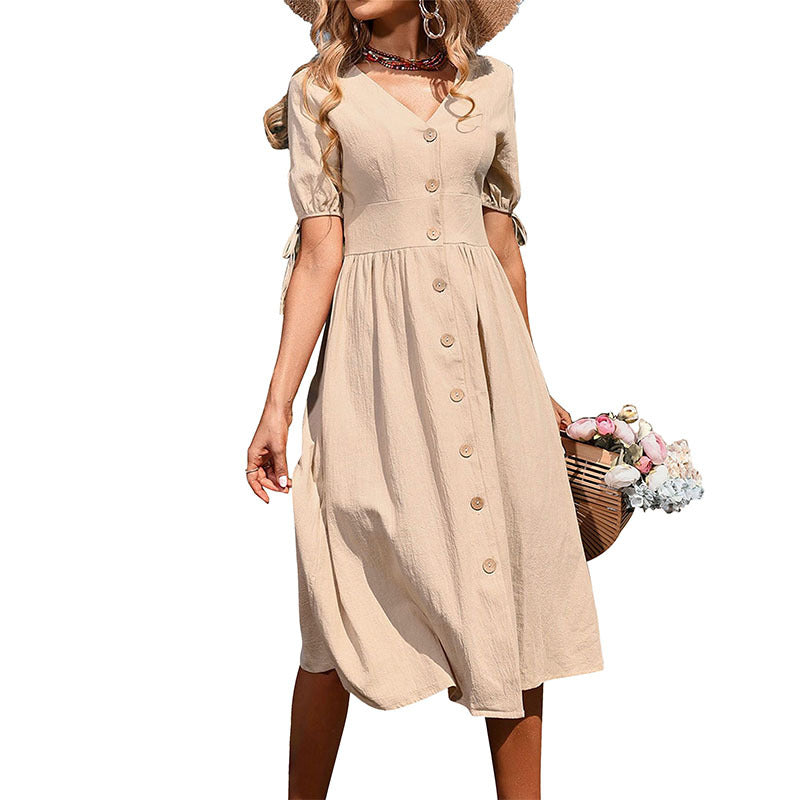 European and American Women's Clothing Midi Dress Short Sleeve V-neck Solid Color Cotton and Linen Dress