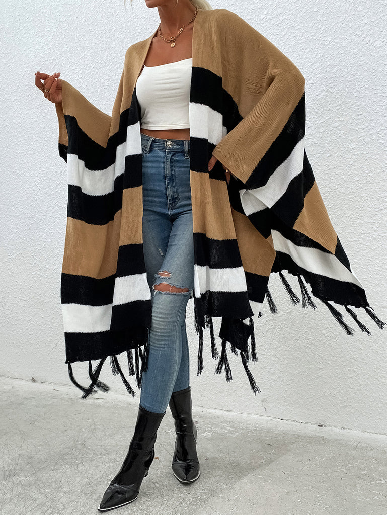 Autumn and Winter New Striped Contrast Color Tassel Shawl Sweater Cloak