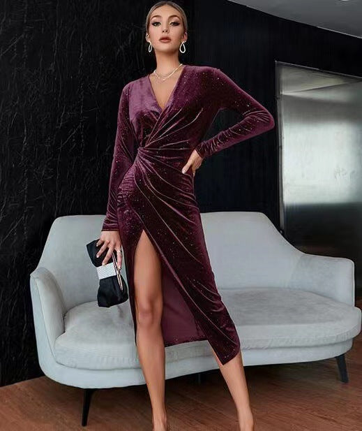 Evening Dress Sexy Leg-Exposed Long Sleeve Mid-Length Dress Gold Velvet Nightclub Dress