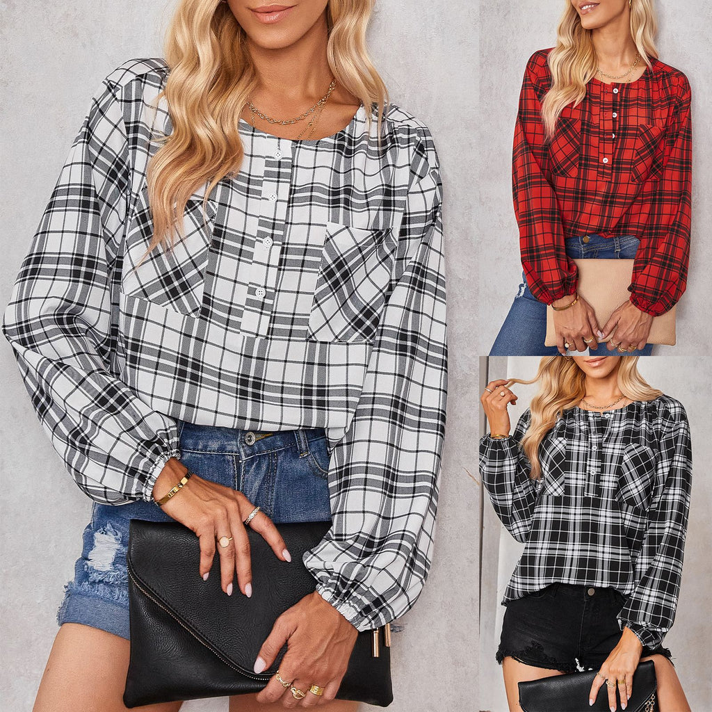 2022 Autumn New Shirt Women's Fashion Plaid Crew Neck Shirt Fashion