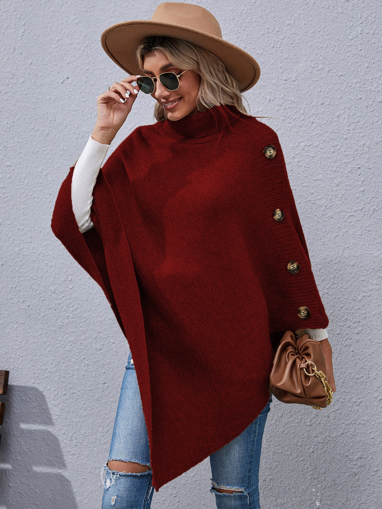 Button Turtleneck Irregular Sweater Shawl Cape Women