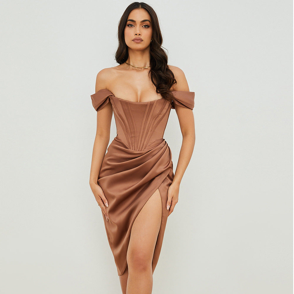 Card Shoulder Tube Top Fishbone Slim Fit Slit Solid Color Fashion Sexy European and American Dress