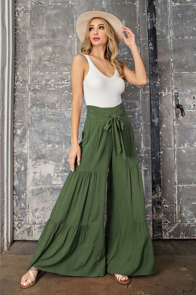 European and American Women's Clothing Fashion Temperament Bandage Elastic Waist Pleated Wide Leg Pants Casual Loose Trousers