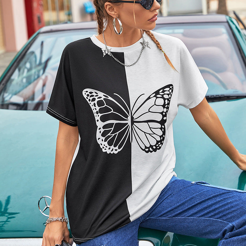 Black and White Butterfly Color Matching round Neck Loose Short Sleeves Women's T-shirt