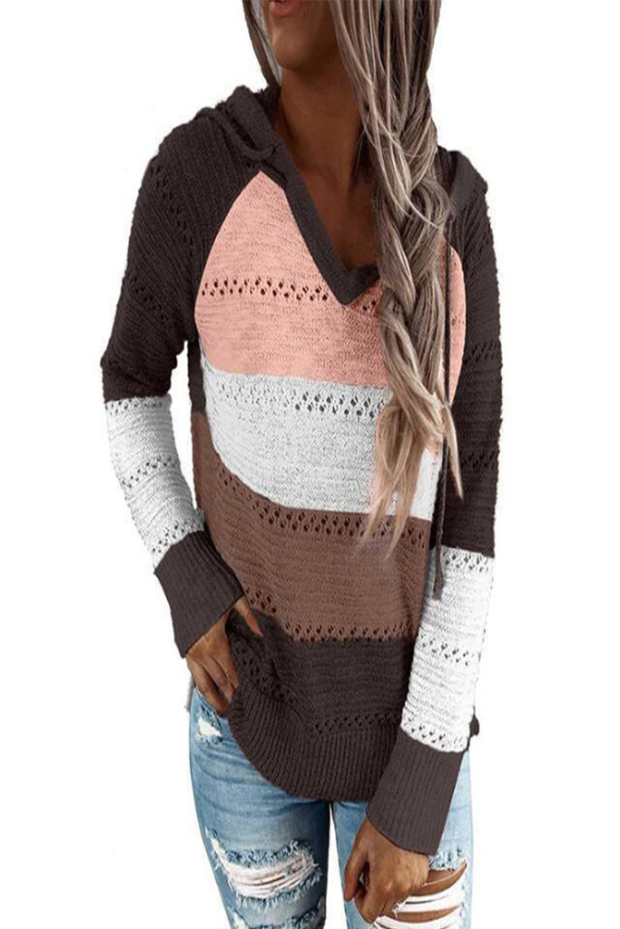 Contrast Color Sweater Women's V-neck Hooded Knitted Sweater for Women