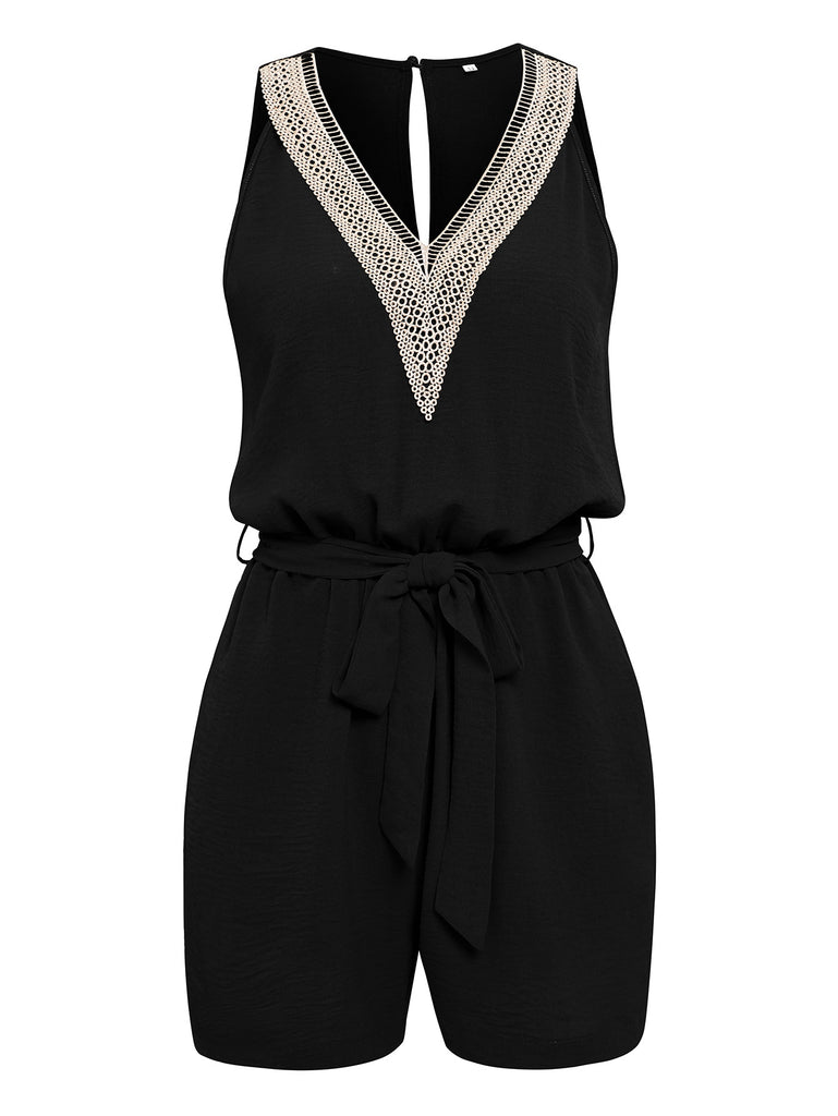 Bestseller Casual Lace V-neck Solid Color Sleeveless Jumpsuit