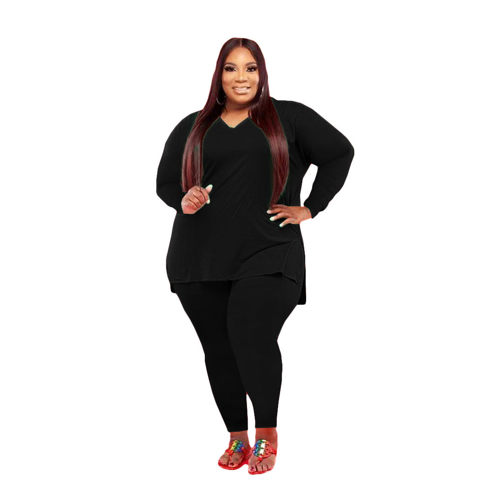 Large Size Women's Clothing Fashion Casual Solid Color Two-Piece Set Women
