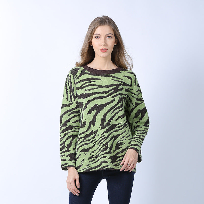 Zebra Print Sweater Women's Loose Outer Wear Idle Style round Neck Pullover Sweater Fashion