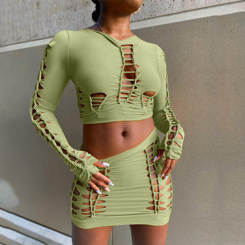 European and American African Women's Wear Hollow-out Navel Skirt Suit round Neck Long Sleeve Top Tight Skirt Autumn and Winter Two-Piece Suit