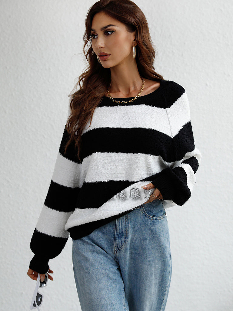 2 Sweater Stitching Color Striped Sweater Pullover Loose Sweater for Women