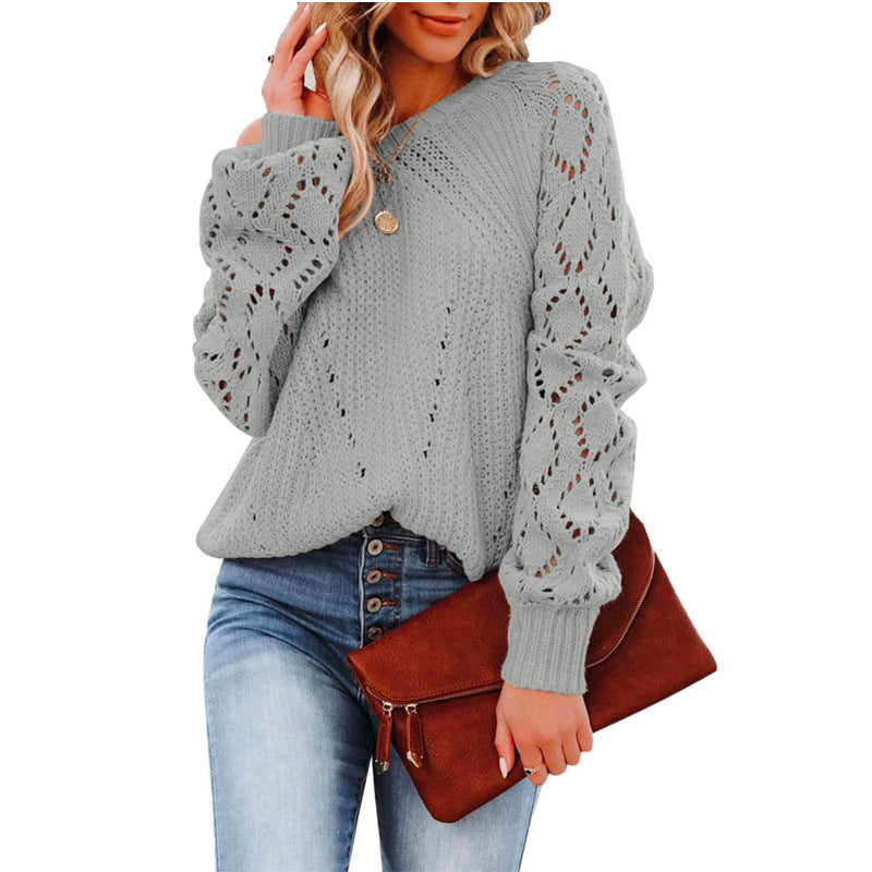 European and American Women's Clothing Hollow-out Diamond Lattice Pullover Sweater