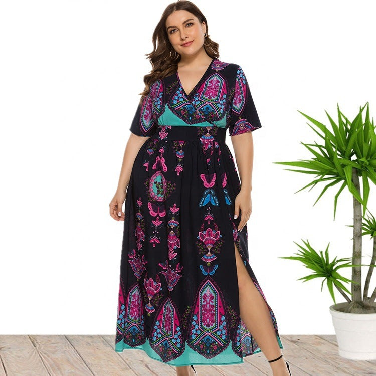 European and American plus Size Women's Clothes Dress Bohemia Printed Dress