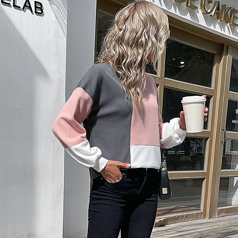 European and American Stitching Knitted Top Long Sleeve Color Matching Knitwear Women's Autumn