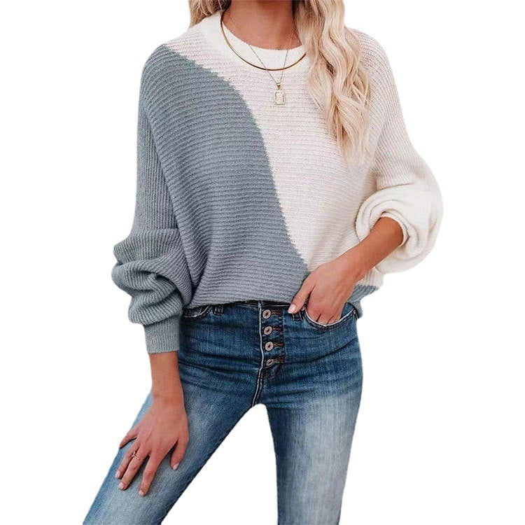 Batwing Sleeve Color-Block Crew Neck Knitwear Pullover Long Sleeve Sweater Women