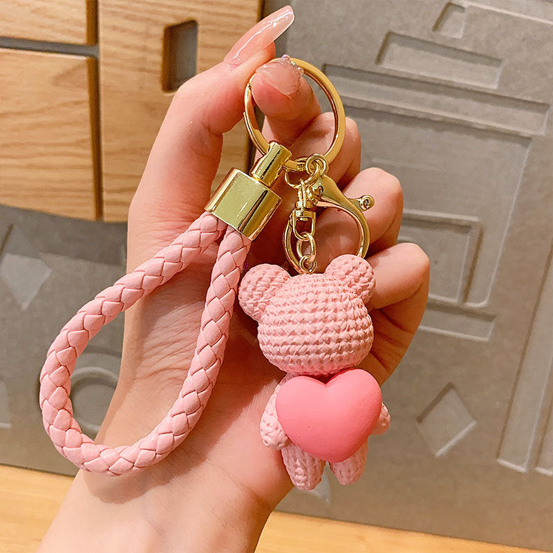 Cartoon Hug Peach Heart Woven Bear Keychain Female Cute Couple Pendant Creative Car Key Chain Ornaments