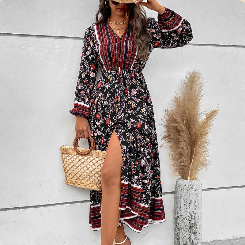 Women's V-neck Puff Sleeve Bohemian Printed Long Sleeve Split Dress