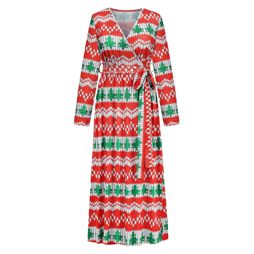 Christmas Printed Dress Fashionable V-neck Long Knitted Fitted Waist Dress