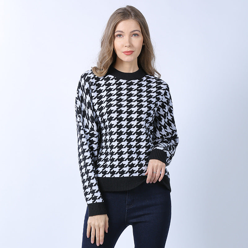 Autumn and Winter New Women's Houndstooth Knit Casual Pullover European and American Large Size Sweater