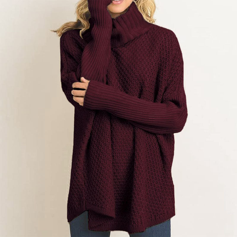 Women's Turtleneck Sweater Fashionable Loose Solid Color Mid-Length Knitted Pullover