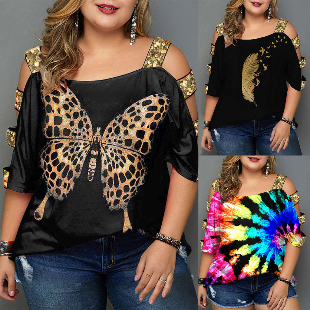 Girdle off-the-Shoulder Hollow-out Sequined T-shirt Top for Women