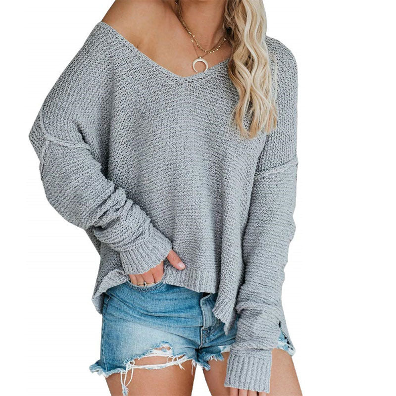 Women's off-the-Shoulder Knitted Sweater Oversized Long Sleeve Sexy V-neck Loose Pullover