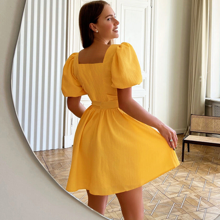 Design Short Sleeve Dress European and American Short Skirt Puff Sleeve Waist-Tight Temperament Commute A- line Dress Women's Clothing