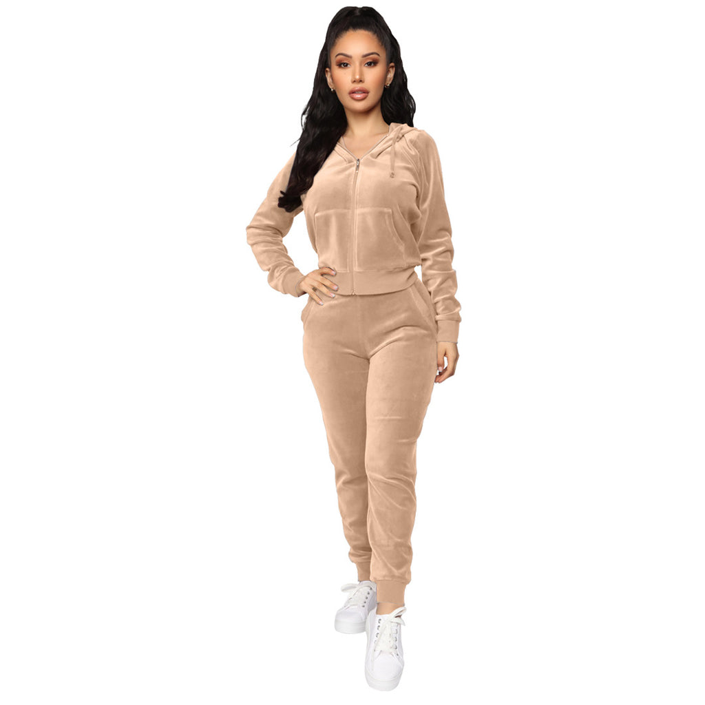 Bestseller Velvet Hooded Zipper Sweatshirt Elastic Waist Pants Two-Piece Set