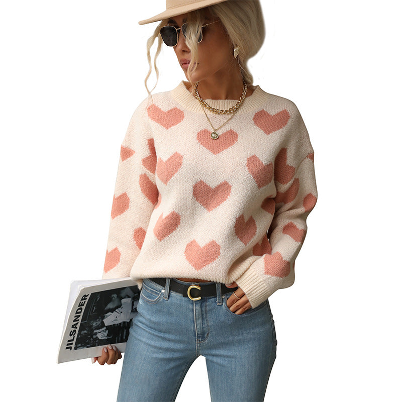 Autumn and Winter European and American Fashionable Knitted Casual Love Long-Sleeved Pink Sweater