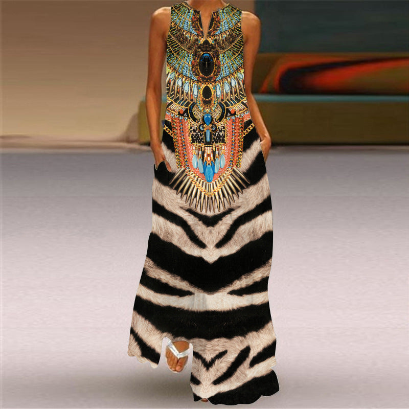 Fashion Sexy Digital Printed V-neck Sleeveless Maxi Dress Pocket European and American Style Dress