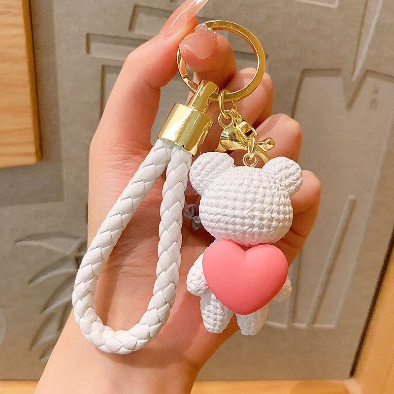 Cartoon Hug Peach Heart Woven Bear Keychain Female Cute Couple Pendant Creative Car Key Chain Ornaments