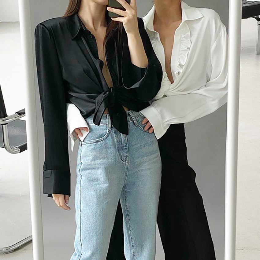 European and American Satin Shirt Draping Ice Silk Lapel Shirt Commuter Fashionable All-Matching Cardigan Women's Clothing